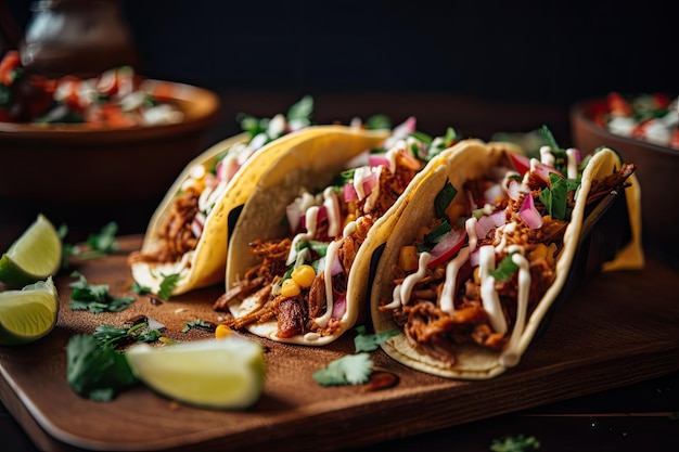 Gros plan de tacos fraîchement préparés avec des couleurs chaudes et invitantes créées avec une IA générative
