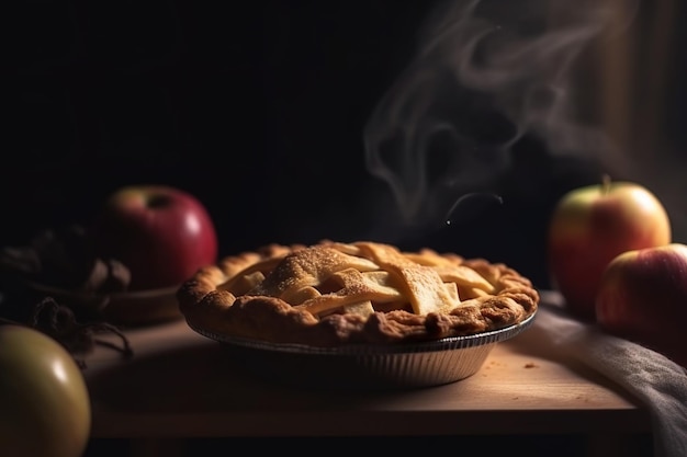 Un gros plan d'une tarte aux pommes avec une fumée qui en sort.