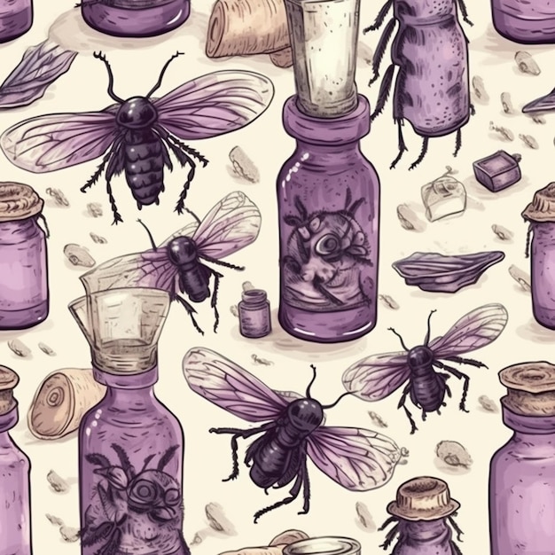 un gros plan d'un tas de bouteilles avec des bugs sur eux générative ai