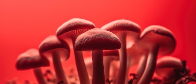 Un gros plan d'un tas de champignons sur un fond rouge