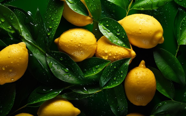 Un gros plan d'un tas de citrons avec des gouttes d'eau générative ai