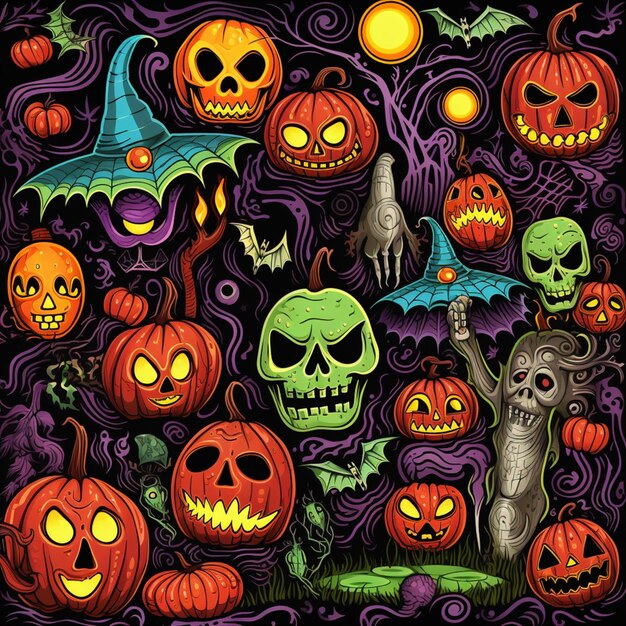 un gros plan d'un tas de citrouilles d'Halloween avec des chauves-souris et des fantômes ai génératif