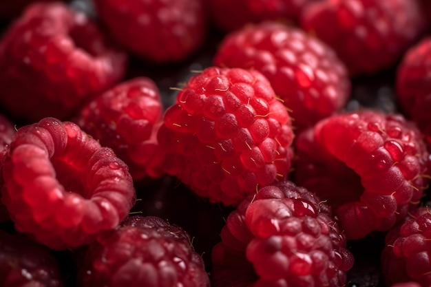 Un gros plan d'un tas de framboises