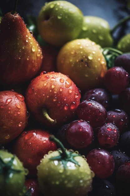 Un gros plan d'un tas de fruits avec des gouttelettes d'eau sur eux générative ai