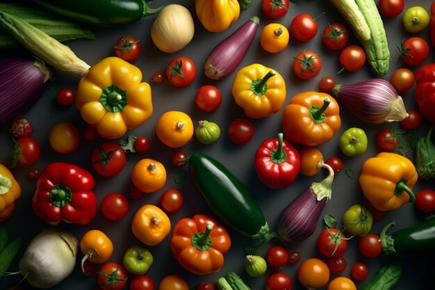 Photo un gros plan d'un tas de légumes de couleurs différentes sur une table ai générative