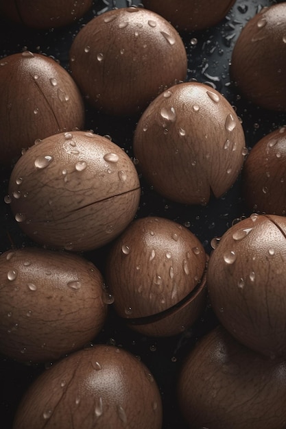 Un gros plan d'un tas de noix de coco avec des gouttelettes d'eau sur eux