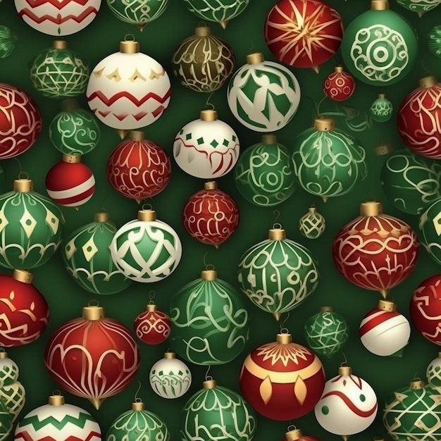 Un gros plan d'un tas d'ornements de Noël sur un fond vert ai générative