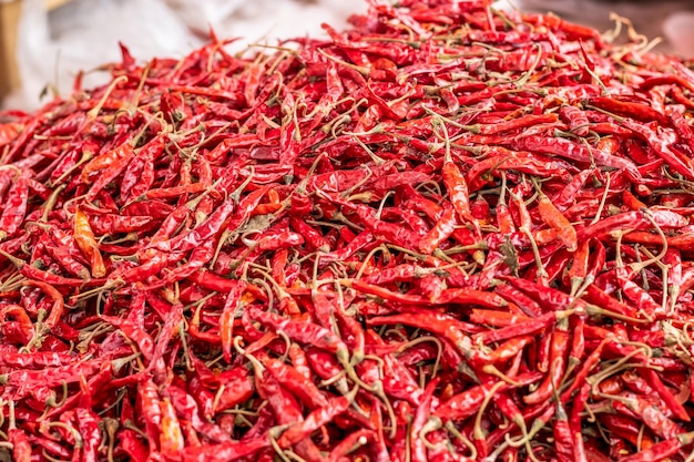 Gros plan d'un tas de piments rouges séchés avec mise au point sélective