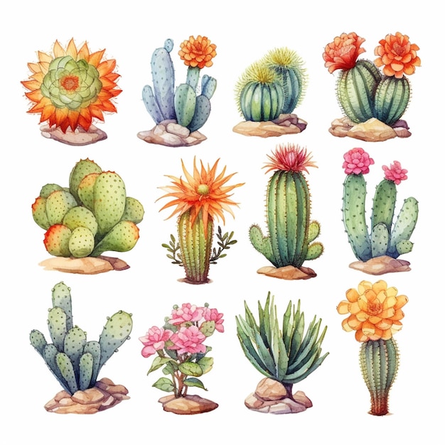 Un gros plan d'un tas de plantes de cactus avec des fleurs génératives ai