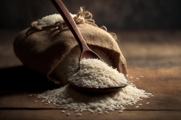 Gros plan d'un tas de riz avec une cuillère en bois qui a été placée sur un sac de riz