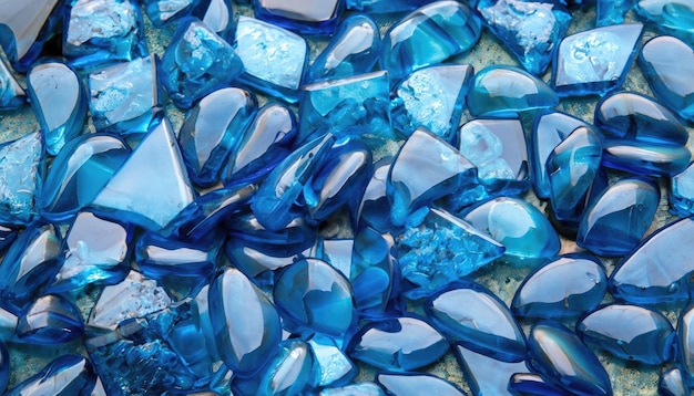 Gros plan d'un tas de roche de verre bleu dans une caisse