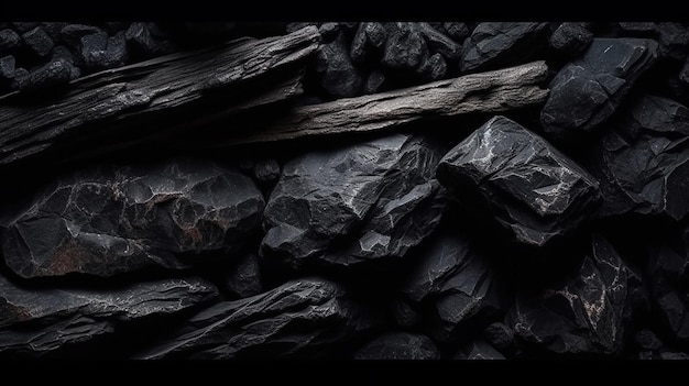 Un gros plan d'un tas de roches noires avec le mot bois dessus.