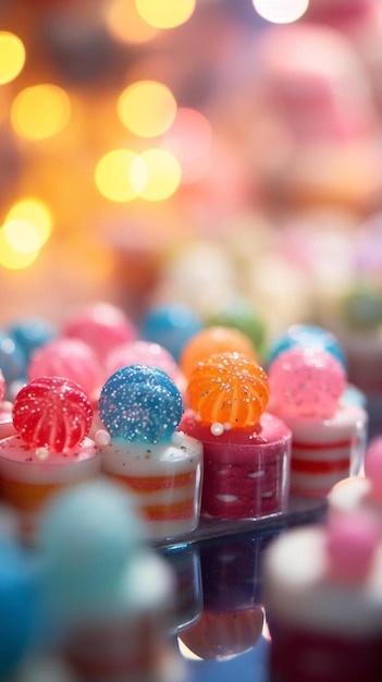 Photo un gros plan d'une tasse de bonbons colorée avec une fleur dessus