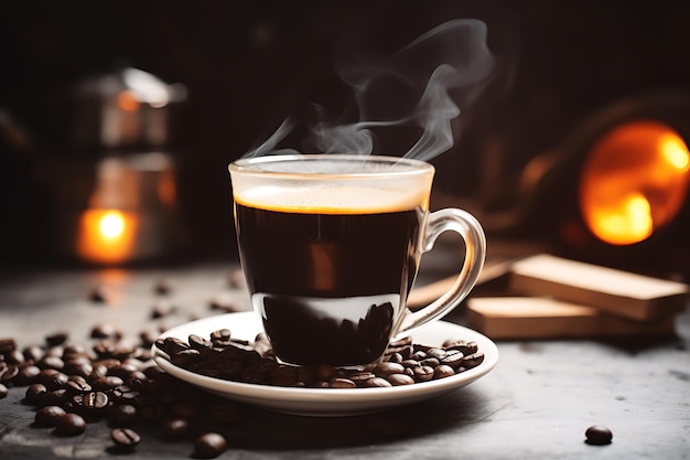 Gros plan d'une tasse de café expresso fumé chaud autour des grains de café