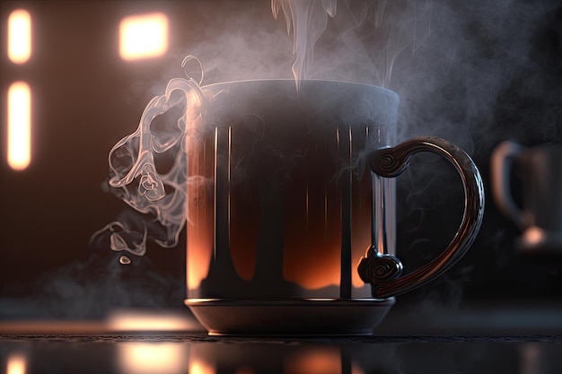 Gros plan d'une tasse de fer brillante avec de la vapeur s'élevant d'une boisson chaude