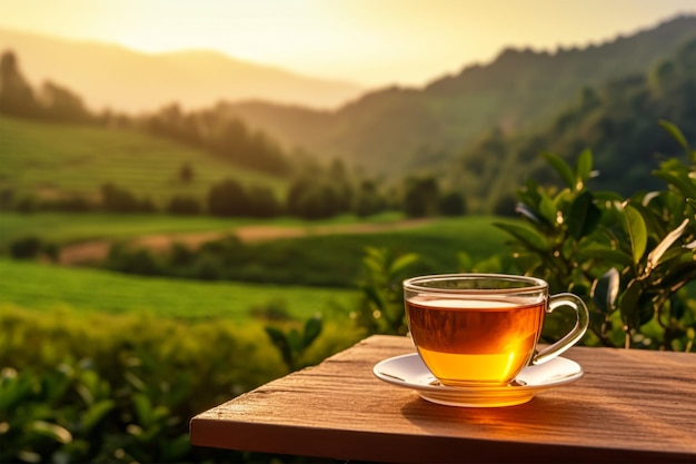 gros plan tasse de thé chaud et feuille de thé sur la table en bois et le fond des plantations de thé