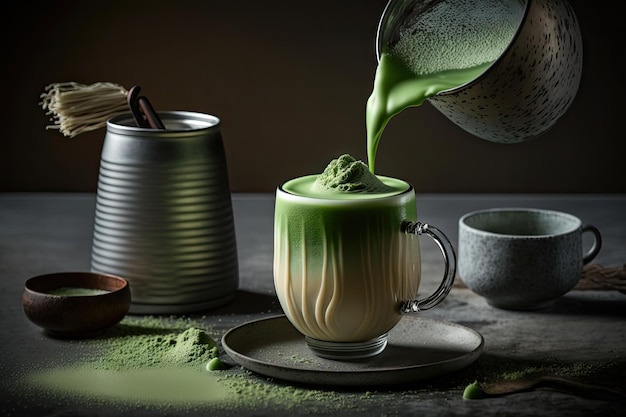 Gros plan tasse de thé vert matcha latte dans une tasse blanche avec poudre latte art thé vert chaud AI générative