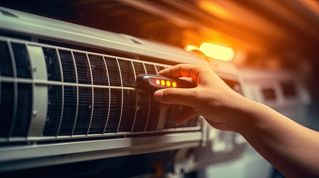 Gros plan Technicien mécanicien automobile main vérifiant la voiture du système de climatisation de la voiture au garage