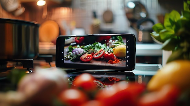 Photo un gros plan d'un téléphone portable sur un comptoir de cuisine