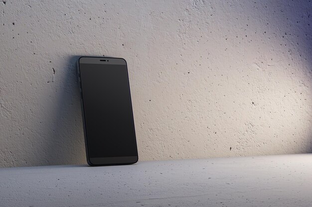 Gros plan sur un téléphone portable noir vide sur fond de mur clair Concept d'application mobile Rendu 3D