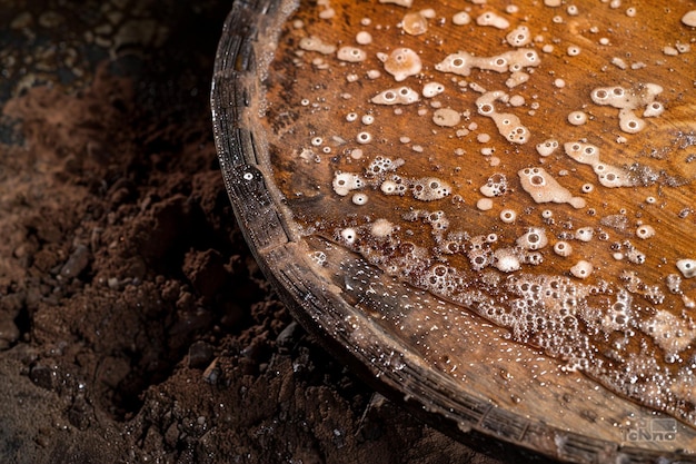 Un gros plan de la tequila vieillissant dans un baril avec un accent sur la texture du bois