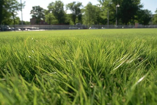 Gros plan sur un terrain de sport herbeux avec des lames de vert au premier plan créé avec une IA générative