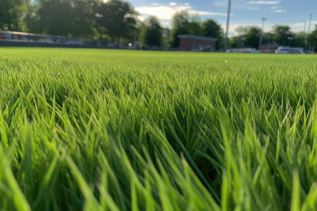 Gros plan sur un terrain de sport herbeux avec des lames de vert au premier plan créé avec une IA générative