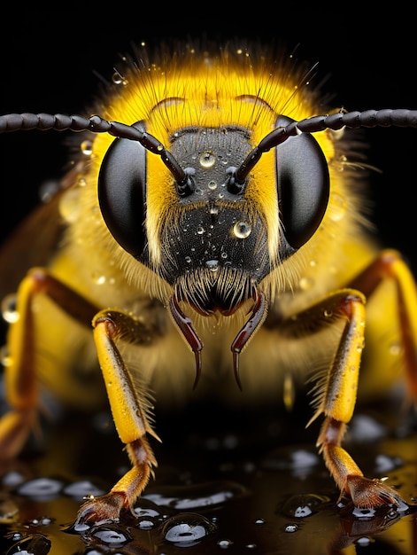 un gros plan d'une tête d'abeille jaune et noire