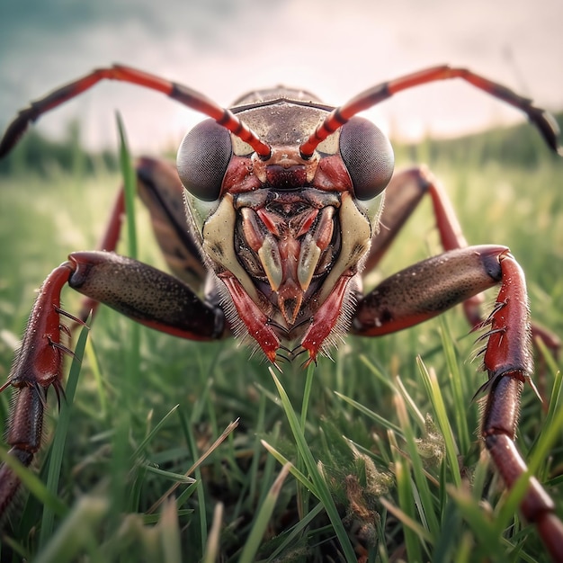 Gros plan de la tête d'une araignée dans l'herbe verte