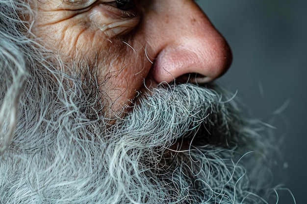 Un gros plan d'une tête aux cheveux gris et à la barbe