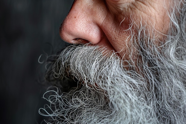 Un gros plan de la tête avec des cheveux gris et une barbe
