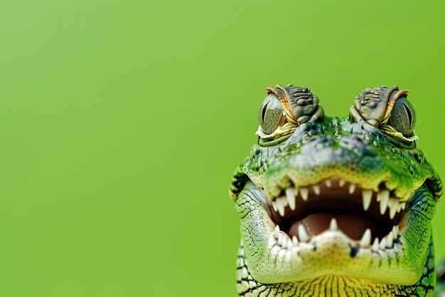 Un gros plan d'une tête de crocodile sur un fond vert parfait pour les campagnes sur la faune, le matériel éducatif ou les dessins graphiques vivants.