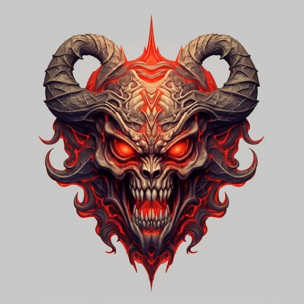Un gros plan d'une tête de démon avec des yeux rouges et des cornes