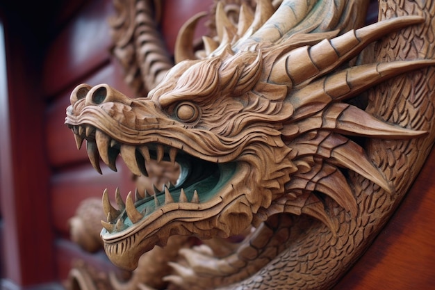 Gros plan d'une tête de dragon complexe sculptée sur une proue de navire créée avec une IA générative