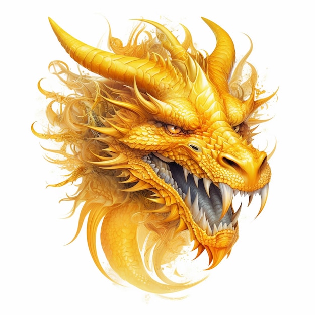 Un gros plan d'une tête de dragon jaune avec un fond blanc ai générative