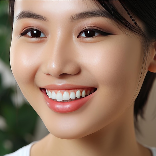 Photo un gros plan de la tête d'une fille asiatique souriante avec de magnifiques dents blanches et droites parfaites pour l'adv