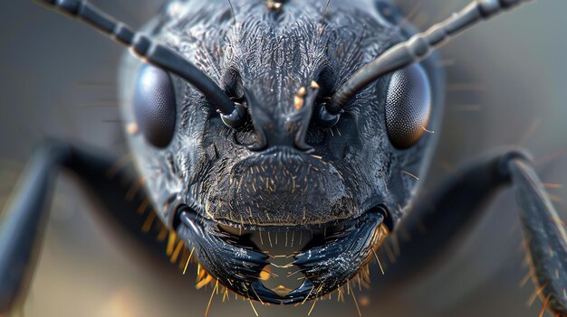 Photo un gros plan de la tête d'une fourmi noire les mandibules des fourmis sont ouvertes et ses antennes sont soulevées les yeux des fourmies sont sombres et brillants