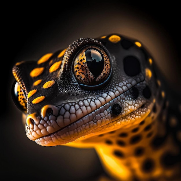 Un gros plan de la tête d'un gecko avec un fond noir.