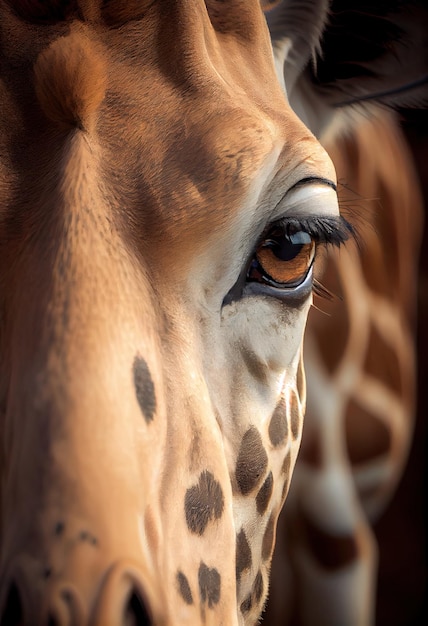 Gros plan d'une tête de girafe ses grands yeux et ses longs cils ai génératif