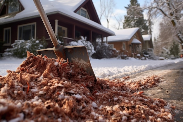 Photo gros plan de la tête de pelle ramassant la neige sur l'allée créée avec une ia générative