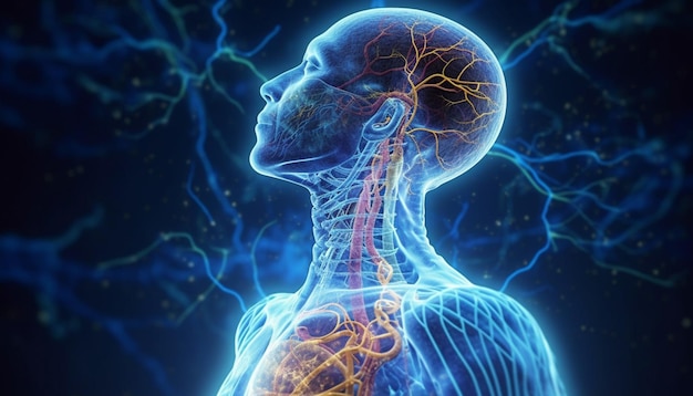 Un gros plan de la tête d'une personne avec un cerveau et un système nerveux génératifs