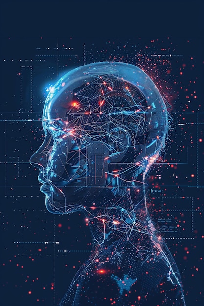 un gros plan de la tête d'une personne avec un réseau de points et de lignes génératifs ai