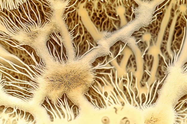 Gros plan de la texture du réseau de mycélium de champignon naturel