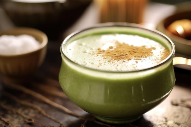 Gros plan de thé matcha mousseux dans un chawan créé avec une IA générative