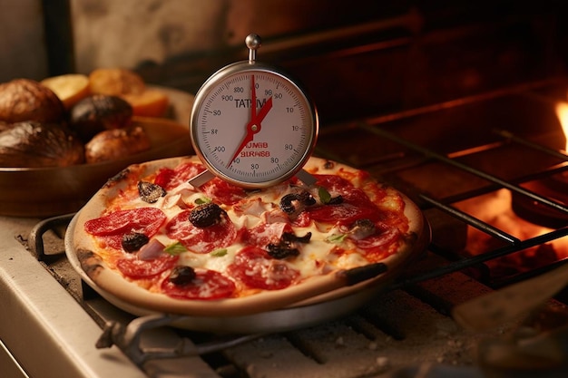 Un gros plan d'un thermomètre de four à pizza