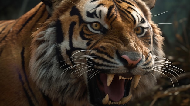 Gros plan d'un tigre avec la bouche ouverte sur un fond noir ai générative