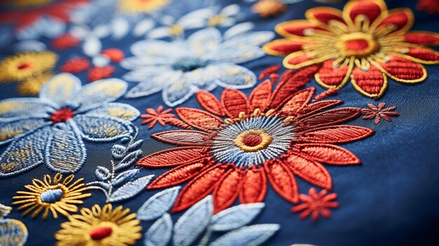 Photo un gros plan d'un tissu brodé floral bleu et rouge génératif ai