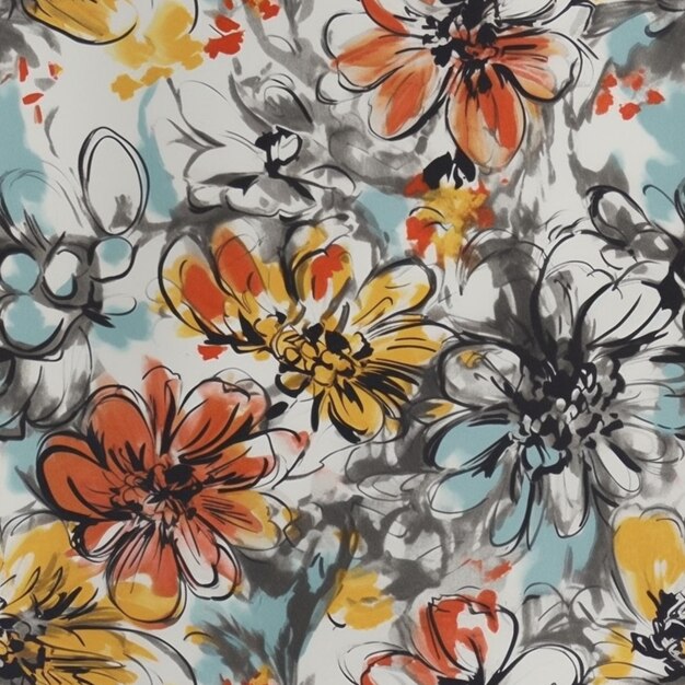 Photo un gros plan d'un tissu d'impression florale coloré avec un ai génératif de fleurs noires et jaunes
