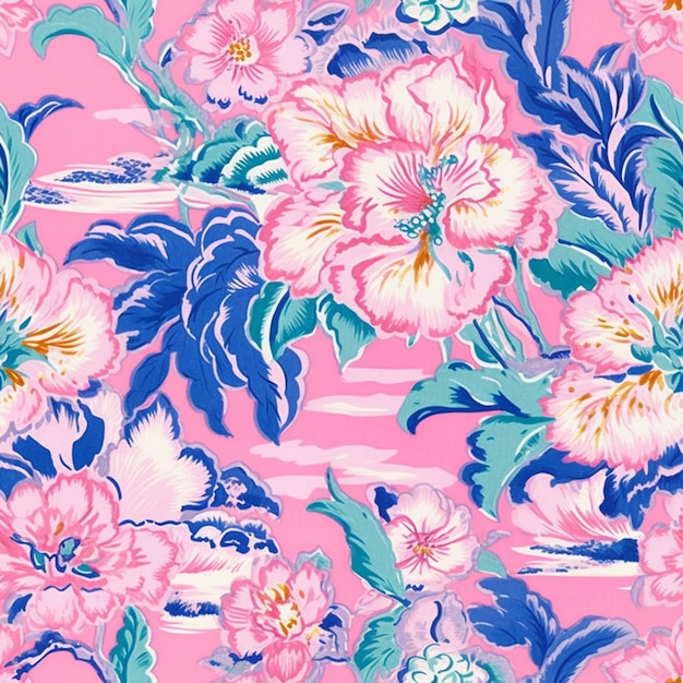 Photo un gros plan d'un tissu imprimé floral rose et bleu génératif ai