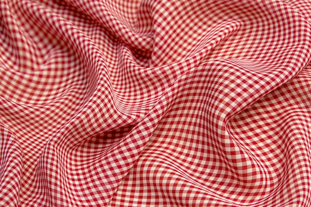 Gros plan de tissu de soie à carreaux rouges, texture de nappe